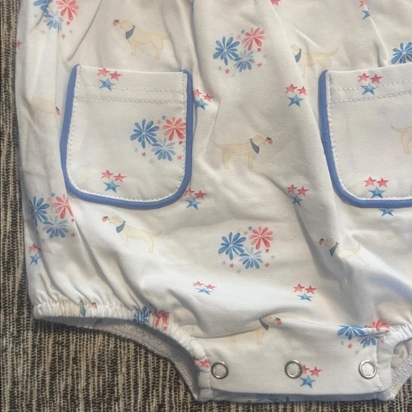 Stitchy Fish Yellow Lab Dog Flag Firework Romper 6M - Picture 4 of 5